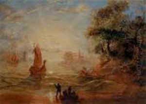 A Romantic Harbour Scene At Sunset by Claude Lorraine Nursey