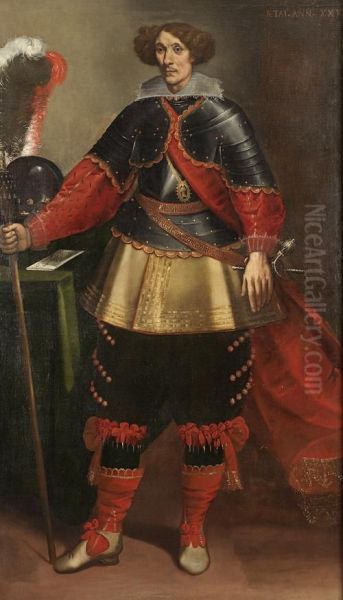 Portrait Of A Gentlemen In Armour, Standing Full-length, Holding A Staff, His Helmet And A Letter On A Draped Table Beside Him - view 1
