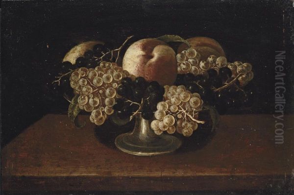 A Silver Tazza With White And Red Grapes And Peaches, On A Wooden Table - view 1