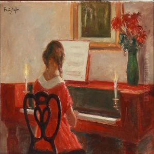 Interior With A Girl Playing The Piano by Poul Friis Nybo
