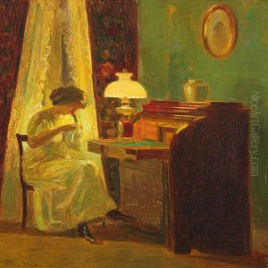 Interior With Woman Sewing By A Bureau by Poul Friis Nybo