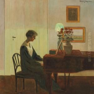 Interior With Woman Playing The Piano by Poul Friis Nybo