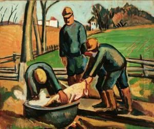 Farmer Cleaning A Pig by Edgar Hewitt Nye