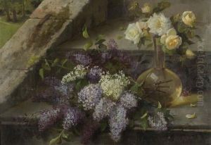 Blumenstilleben Auf Einer Treppe.