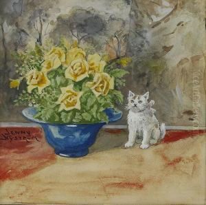 Kattunge Vid Rosenbukett by Jenny Nystrom