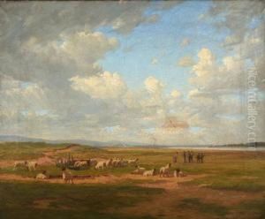 Malahide Golf Course - With Golfers And Sheep And A View Of The Pigeon House Beyond