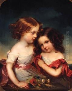 Portrait Of Two Sisters, Half-length, In White Dresses With Redribbons, Holding Flowers