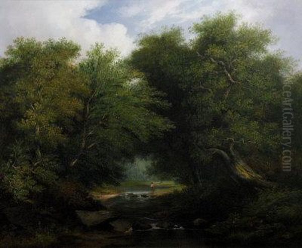 An Angler In An Extensive Wooded River Landscape - view 1