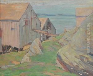Landscape With Barns, Water In The Distance by Wilbur L. Oakes