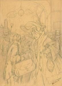 Auf Dem Bahnsteig. by Adolf Oberlander