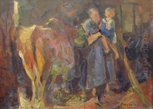 Bauerin Mit Kind Und Kuh Im Stall by Hans E. Oberlander