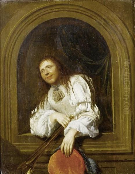 Portrait Of A Gentleman, Bust-length, In Awhite Silk Chemise And A Red Waistcoat, Holding A Trumpet, Standingat An Arched Window - view 1