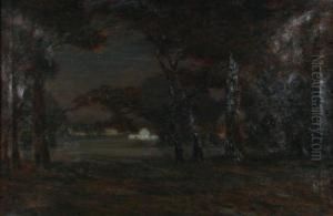 Depicting A Night Scene With Distant Dwellings by Leonard Ochtman