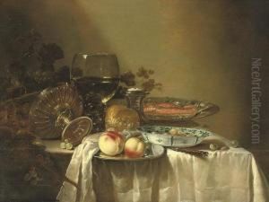 A 'roemer' With White Wine, A Silver 'tazza', A Plate With Peaches, A Chinese Porcelain Bowl With Olives And A Plate With Salmon, All On A Stone Ledge