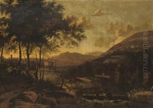 A Wooded River Landscape With A Peasant Woman And A Dog On A Track, A Town Beyond