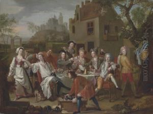 An Elegant Company At A Table Outside A Farm House