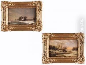 Winterlandschaft Mit Fachwerkhausern Und Kapelle Hinter Einemflusslauf by Otto Odebrecht
