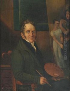 Maler Mit Palette Auf Sessel Sitzend