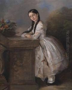 Portrait Of A Young Girl By A Staircase by Aristides Oeconomo
