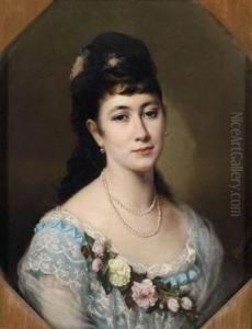 Portraitof A Lady With Pearl Necklace And Flowers On Her Decollete by Aristides Oeconomo
