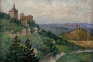 Burganlage Und Wachturme In Hugeliger Landschaft