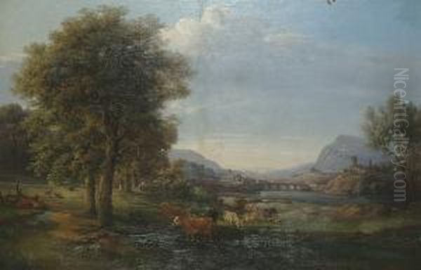 Extensive Landscape With Cattle In The Foreground, A Village Beyond. - view 1