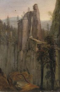 A Bridge In The Sachsische Schweiz, Germany by Ernst Ferdinand Oehme