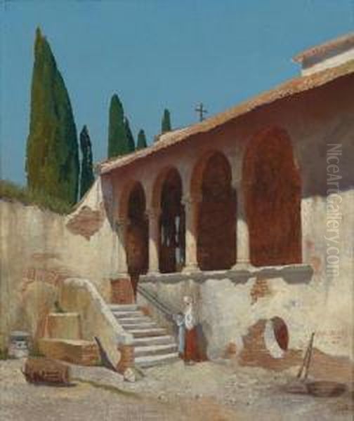 Monastery Courtyard In Tuscany With Decorative Figure - view 1