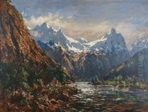 Pejzaz Z Romsdalshornet Nad Rzeka Rauma by Carl August H. Oesterley