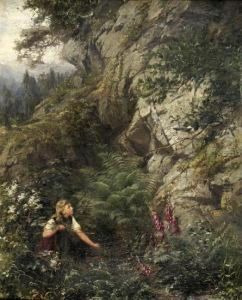 Blondes Madchen In Romantischer Gebirgslandschaft Eine Elster Beobachtend