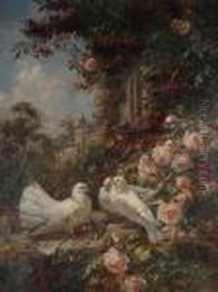 Study Of Doves And Roses, With A View Of A House In The Background - view 1