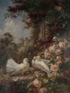 Study Of Doves And Roses, With A View Of A House In The Background by Marie Oesterley