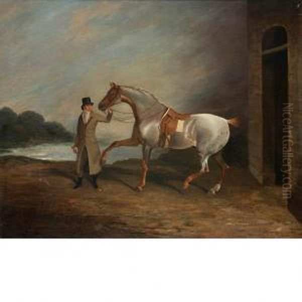 A Gentleman With A Hunter Beside A Stable - view 1