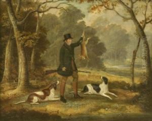 Follower Of Edwin Cooper Of Beccles Sportsman With Hare And Pointers By A Woodland Pool