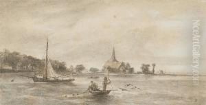 Fishing Off Erith, West Kent, Church Of Saint John In Background by Heneage Finch