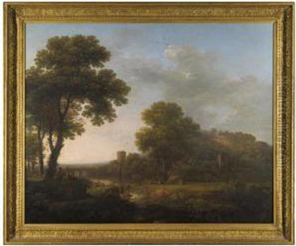 An Italianate Landscape With A Hilltop Castle And Figures Beside A Waterfall - view 1