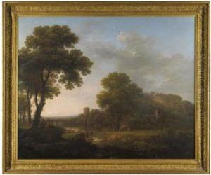 An Italianate Landscape With A Hilltop Castle And Figures Beside A Waterfall by James, Snr, Lewes Of Lambert