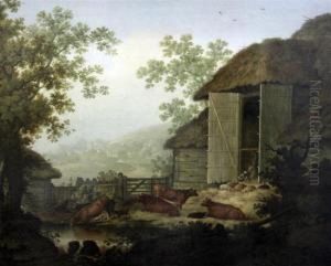 Cattle And Pigs Beside A Barn