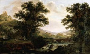 An Italianate Landscape With Drovers Crossing A Bridge And Figures By A Camp Fire by James, Snr, Lewes Of Lambert