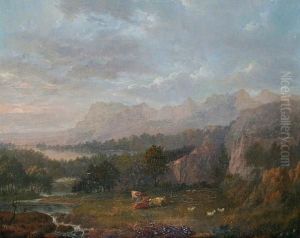 A Lakeland Landscape With Cattle And Sheep Grazing By A River by Charles Towne
