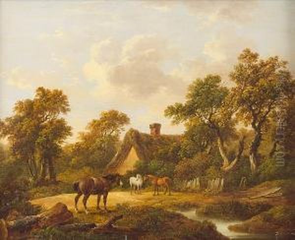 Horses Beside A Stream Before A Cottage And Trees - view 1