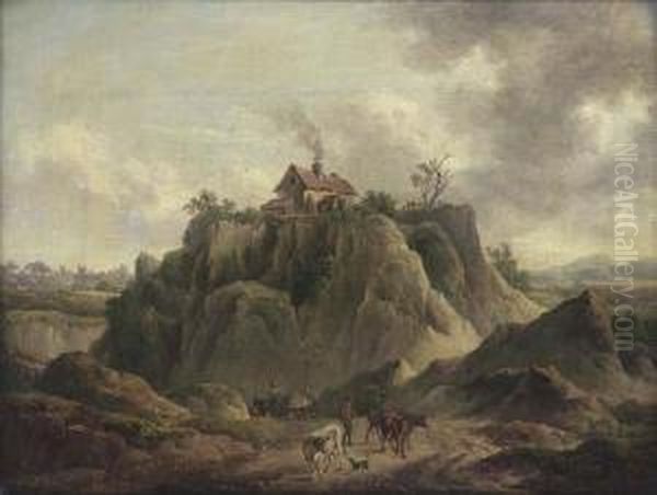 A Drover And His Cattle On A Country Road, A House On A Hill Topbeyond - view 1