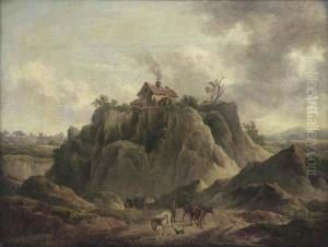 A Drover And His Cattle On A Country Road, A House On A Hill Topbeyond by Charles Towne