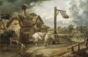 A Horse Tethered Before An Inn On A Blustery Day by Charles Towne