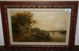 Fishing Boats On Bank Beside Cottage With River Beyond by Frank Rawlings Offer