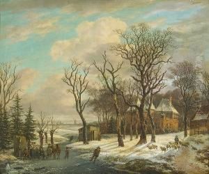A Winter Scene With Figures Skating On A Frozen River by Anthony Jacobus Offermans