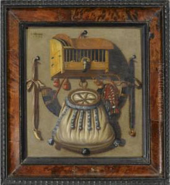 A Hunting Still Life Of A Bird Cage, A Whistle, Horn And A Game Bag, All Hanging From Nails On A Wall - view 1