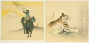 Depicting A Tiger And A Boy On A Water Buffalo. by Ogata Gekko