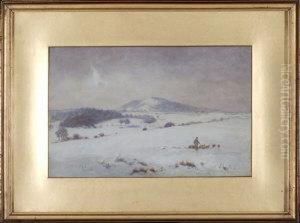A Snow Covered Landscape With A Shepherd And Flock In The Foreground A Snow Covered Landscape With A Shepherd And Flock In The Foreground