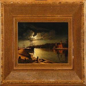 The Nissan With A Sailboatand The Halmstad Castle In Moonlight by Oscar Ohlson